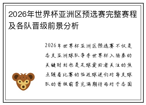 2026年世界杯亚洲区预选赛完整赛程及各队晋级前景分析