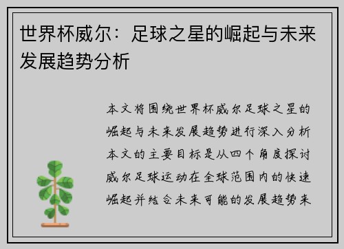 世界杯威尔：足球之星的崛起与未来发展趋势分析