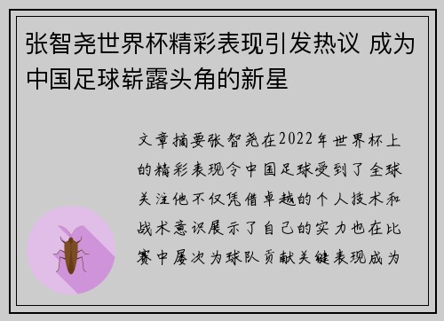 张智尧世界杯精彩表现引发热议 成为中国足球崭露头角的新星