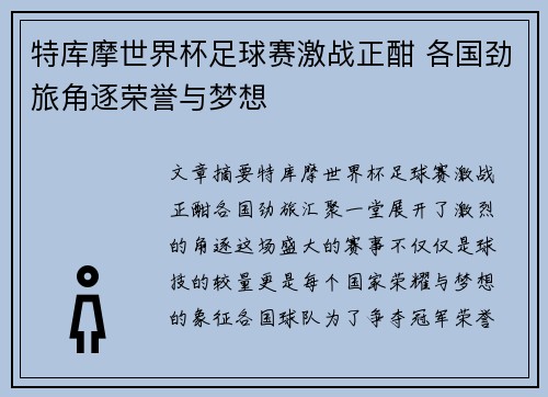 特库摩世界杯足球赛激战正酣 各国劲旅角逐荣誉与梦想